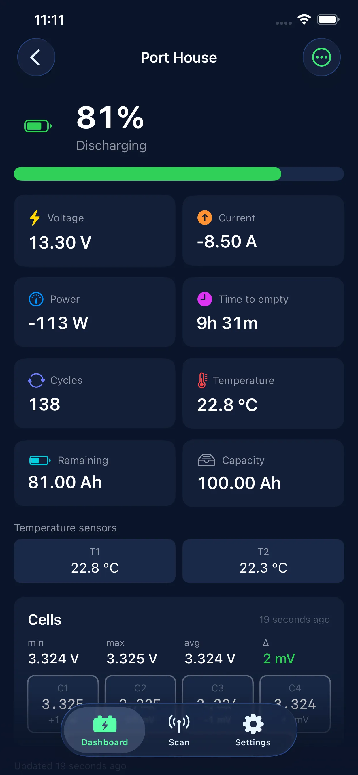 Battery detail screen while discharging