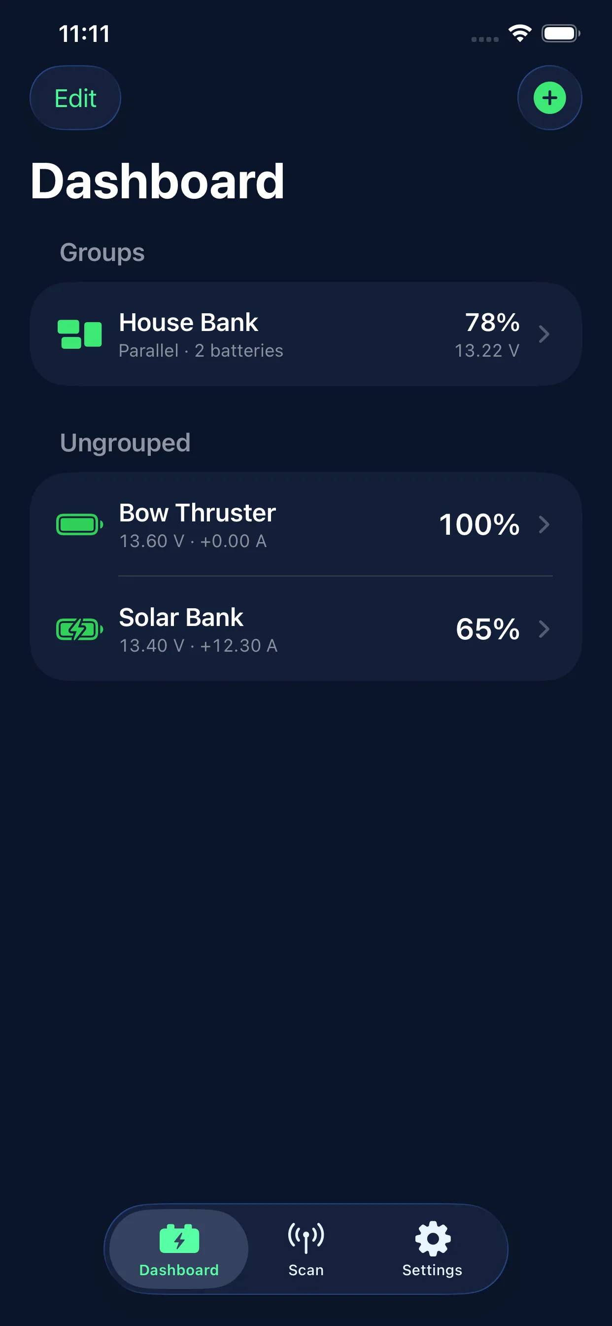 BatteryScope dashboard with grouped batteries