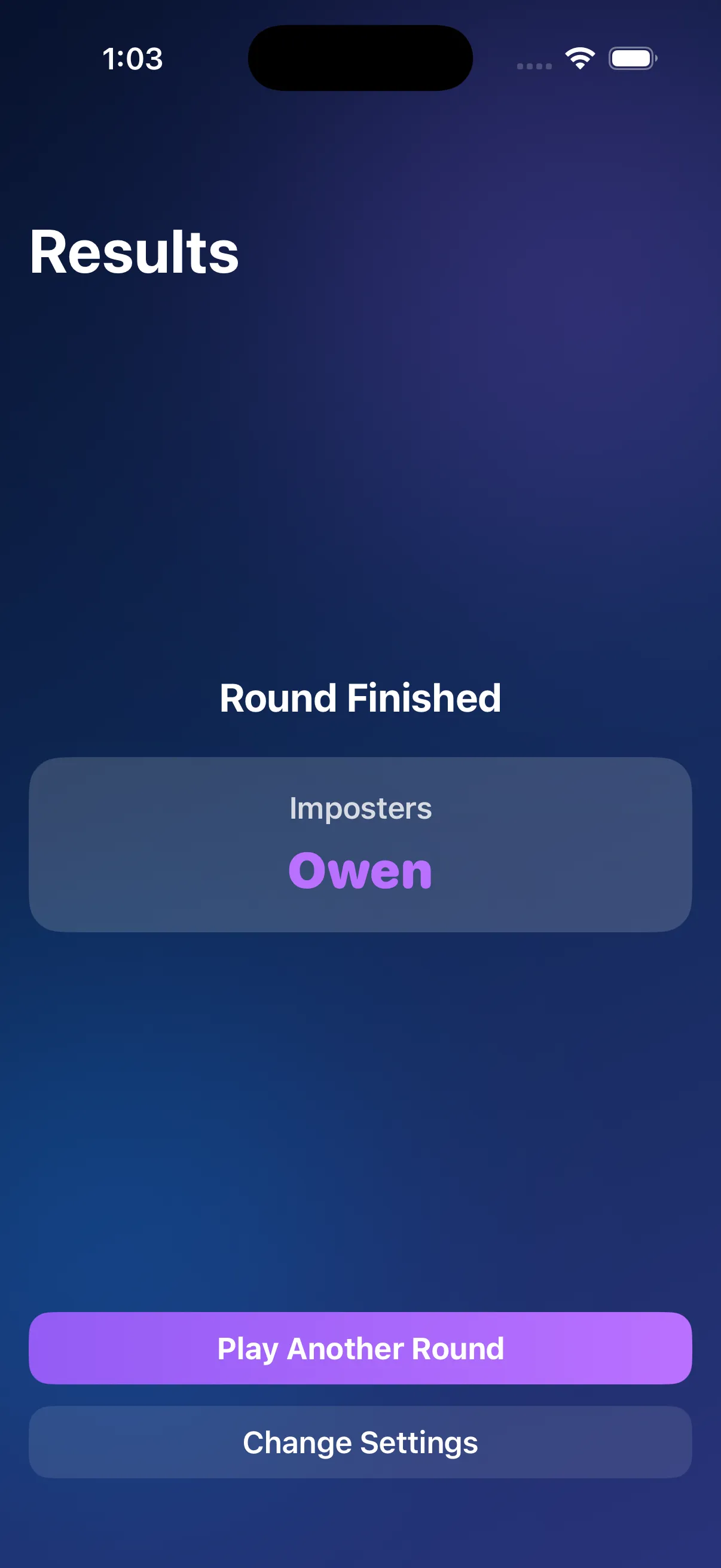 Results screen showing the imposters