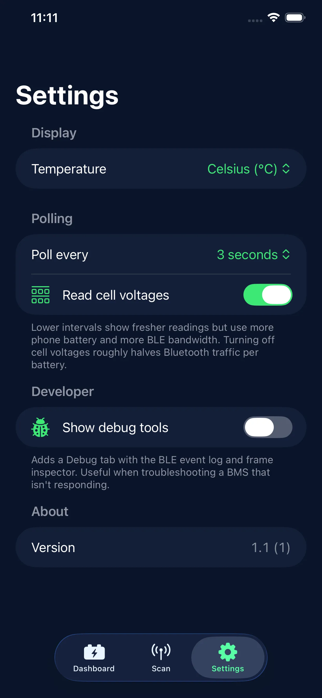Settings screen with polling controls