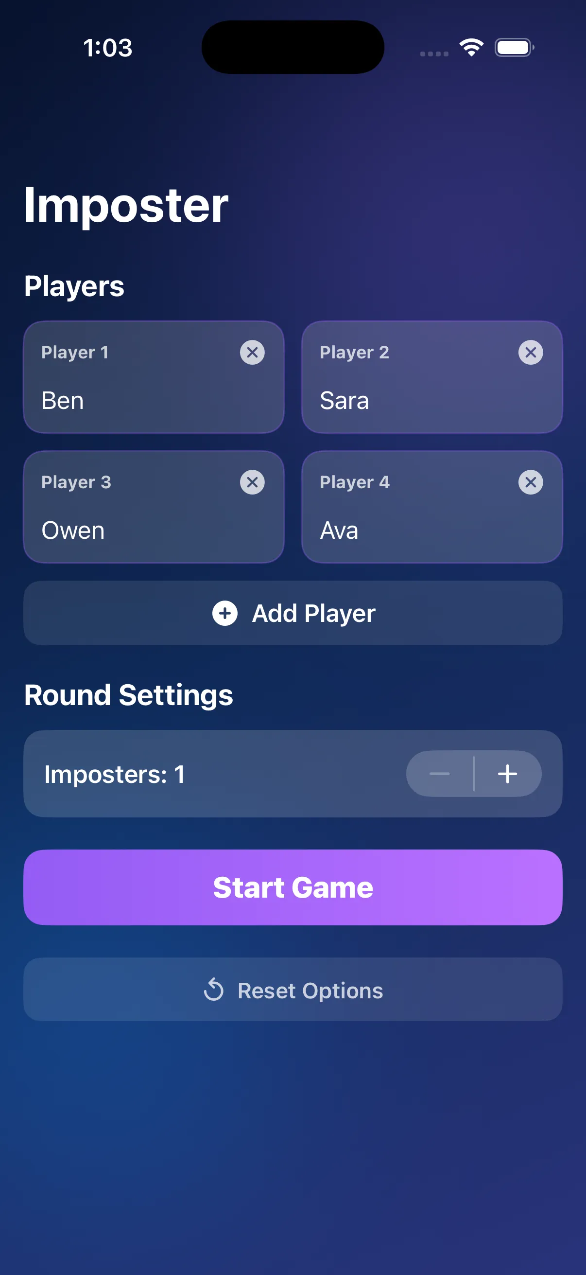 Imposter setup screen with player names and number of imposters